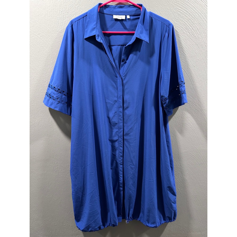 Chicos Blue Eyelet Sleeve Button Front Tunic Top Drawstring Hem Size 2 L